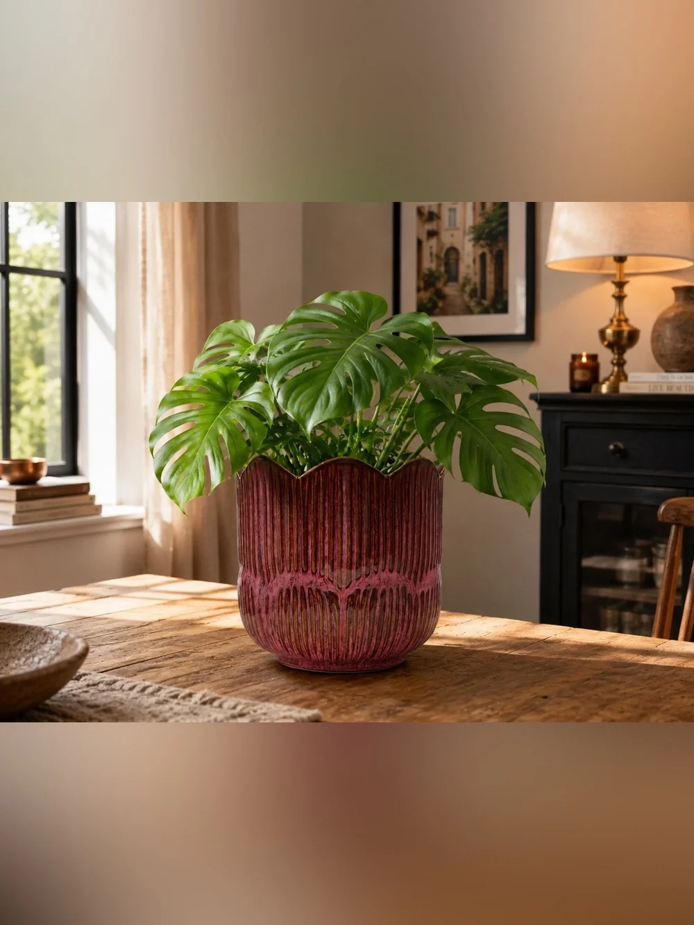 Ceramic Plant Pot with Drainage, 7 Inch Fluted Flower Planter, Pink Brown Glazed